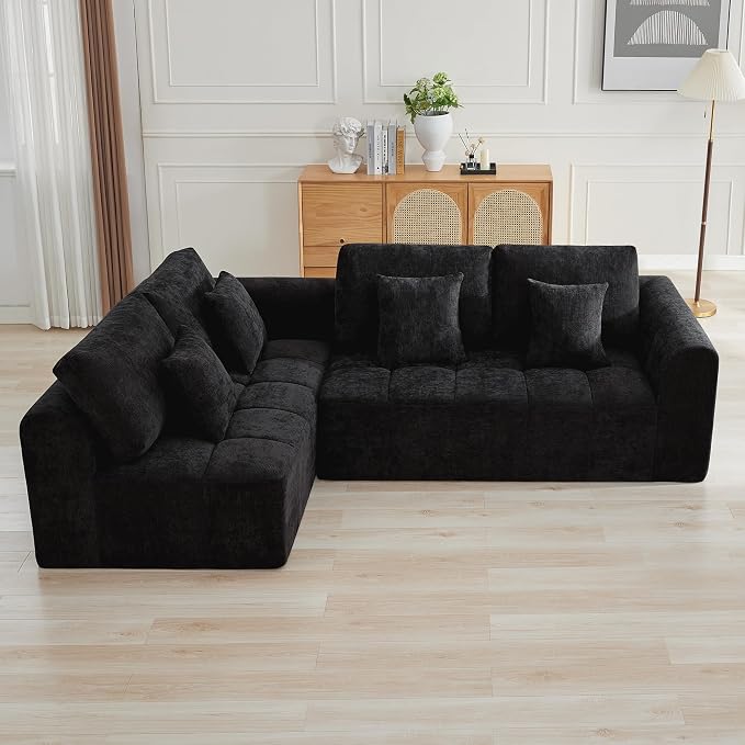 110''Modular Sectional Couches for Living Room, Cloud Boneless Compressed Sofa Left Facing Chaise, Oversized L Shaped 4 Seater Memory Foam Sofa, No Assembly, Chenille Black