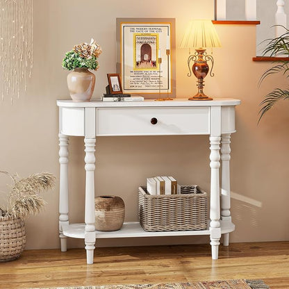 Giantex 2-Tier Narrow Console Table, 36" White Entryway Table with Storage Drawer & Elegant Legs, Wooden Sofa Table with Open Shelf for Living Room, Foyer, Hallway, Bedroom, Entrance