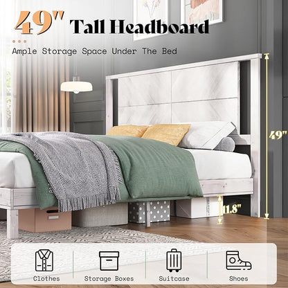 AMERLIFE Solid Wood Queen Size Bed Frame with Headboard, Rustic Style Platform Bed Frame with Under-Bed Storage, No Box Spring Needed, Noise Free, Easy Assembly, Antique White