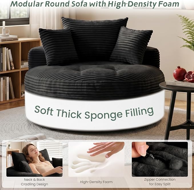 Oversized Round Chaise Lounge Chair, Deep Seat Cloud Boneless Floor Sofa Couch, Upholstered Corduroy Sleeper with 3 Pillows & Optional Ottoman, No Assembly Modern Lazy Floor Lounger for Living Room