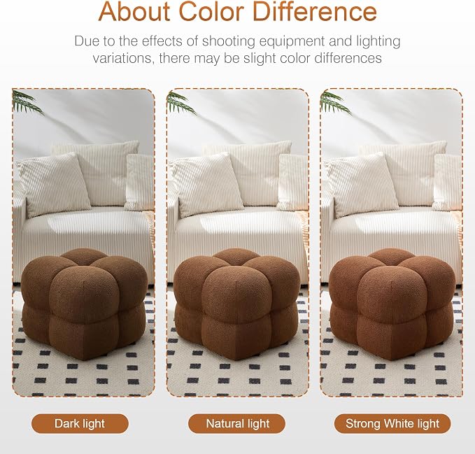 Zesthouse Square Pouf Ottoman Footstool, Modern Backless Vanity Chair for Bedroom, Boucle Poofy Footrest for Couch, Upholstered Tufted Footstool, Fabric Ottoman Coffee Table for Living Room Rust Brown