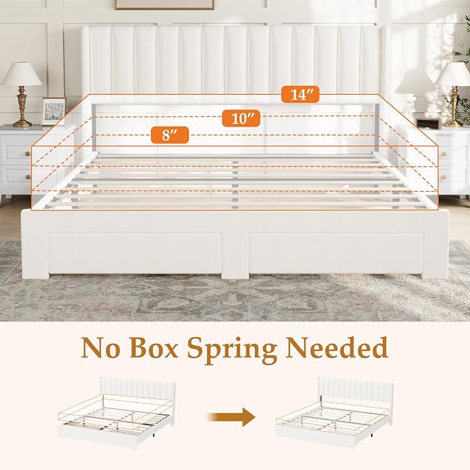 IDEALHOUSE King Bed Frame with Wingback Headboard, Velvet Upholstered Platform Bed with 2 Storage Drawers, Vertical Tufted Headboard Design, Wooden Slats Support, No Box Spring Needed, Beige