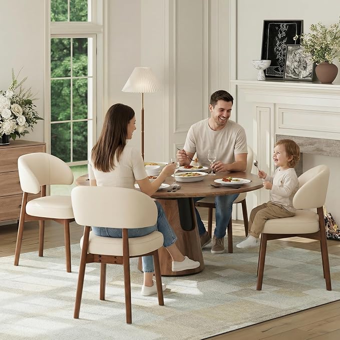 MALOL Wooden Dining Chairs Set of 4, Modern Upholstered Dining Room Chair, PU Leather Kitchen Side Chairs with Curved Open Back for Living Room/Restaurant/Cafe, Beige