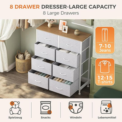 Sweetcrispy 8 Drawer Fabric Dresser for Bedroom, Tall Dresser, Light Grey | Chest of Drawers with Sturdy Steel Frame and Wooden Top, Closet Living Room Storage Organizer with Easy Pull Handles