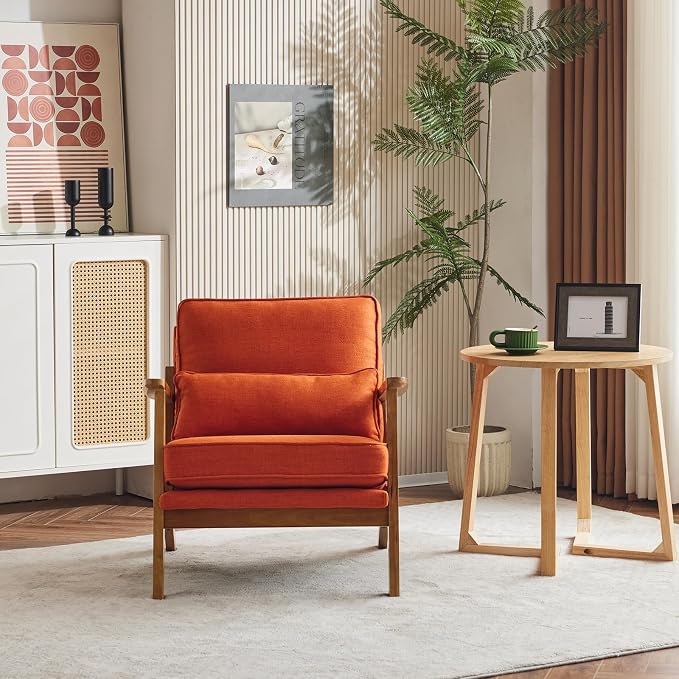 Karl home Mid-Century Lounge Accent Chair, Burnt Orange | Wide Curved Armrest, Linen Fabric, Lumbar Pillow Included, Solid Wood Frame, For Living Room, Bedroom, Balcony, Apartment