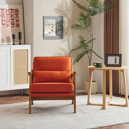 Karl home Mid-Century Lounge Accent Chair, Burnt Orange | Wide Curved Armrest, Linen Fabric, Lumbar Pillow Included, Solid Wood Frame, For Living Room, Bedroom, Balcony, Apartment