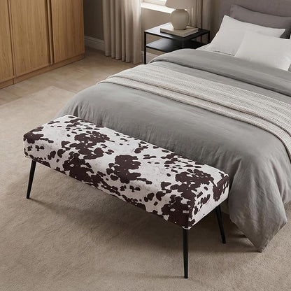 DUHOME Velvet Bench Ottoman, Upholstered Bedroom Benches Cow Print End of Bed Bench with Black Metal Base for Entryway Dining Room Living Room Bedroom, Brown