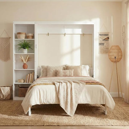Merax Space-Saving White Murphy Bed Queen Size with Adjustable Storage Shelves, Multifunctional Foldable Wall Bed for Small Spaces Studio Study Office Guest Room