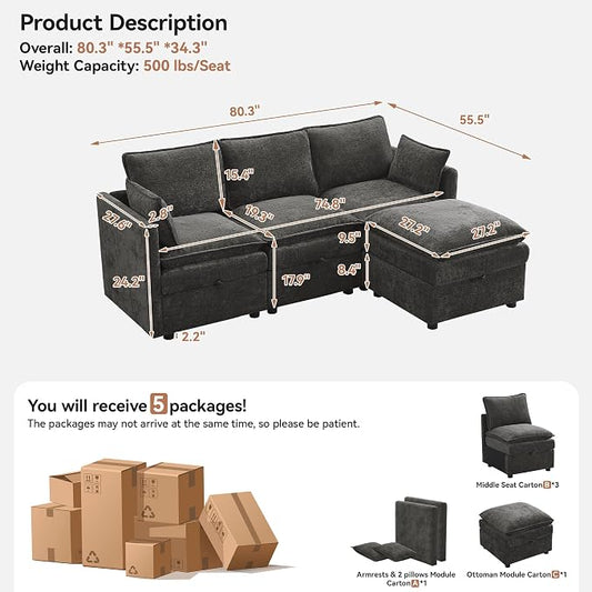 80" Cloud Modular 3 Seater Sofa with Storage Ottoman, Modern Upholstered Storage Sofa Couch Deep Seat, L Shape Sectional Sofa Chenille Comfy Couch with Armrests for Living Room, Small Space, Dark Grey