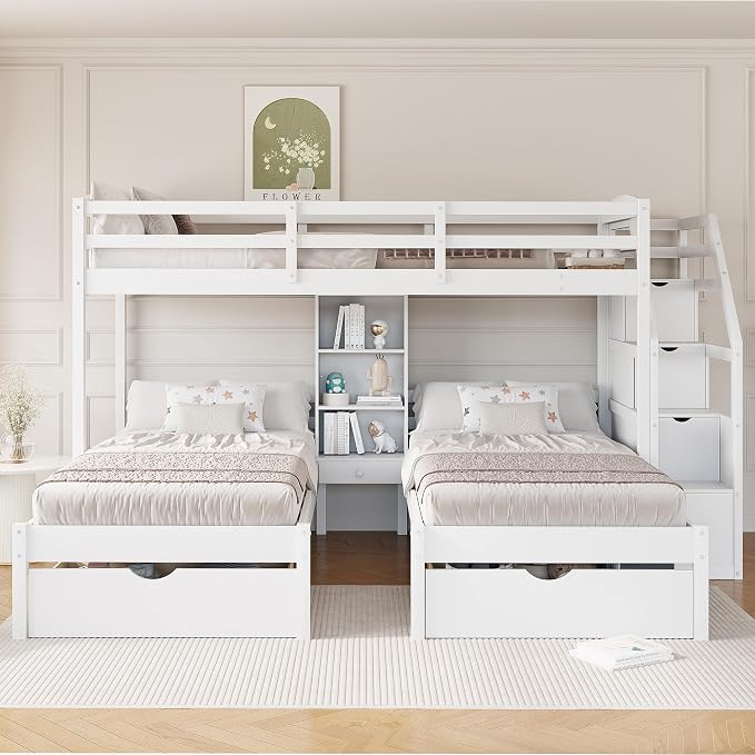 VilroCaz Twin Size Triple Bunk Bed with Drawers and Staircase, Solid Wood Bunk Bed Frame with Safety Full-Length Guardrail and Built-in Shelves, 3 Beds in 1 for Kids Teens Adults