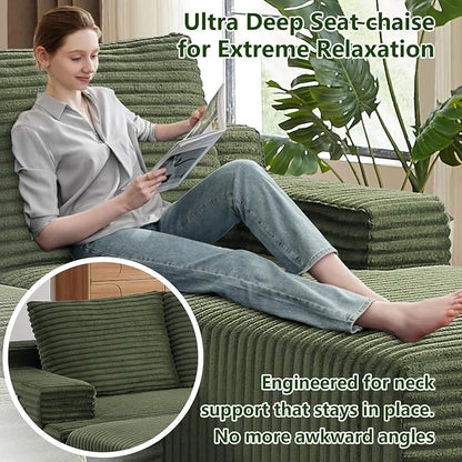 96" Modular Sectional Sofa, Modern Corduroy Cloud Couch, Boneless Couch Upholstered 3-Seater L-Shaped Sofa for Living Room, No Assembly Required (Green, Right-Facing Chaise)