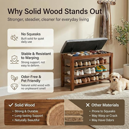 Solid Wood Shoe Bench with Storage, Flip-Top Soft-Close Lid, Adjustable Shelves, Cushioned Entryway Shoe Rack Organizer, 31.5”