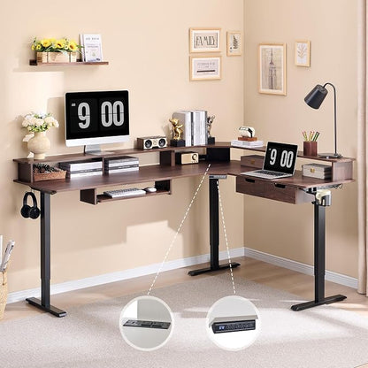 RedLemon 75X60 Inches L Shaped Electric Standing Desk, Height Adjustable Corner Gaming Desk with Drawers, Keyboard Tray, Power Outlets & LED Lights, Computer Desk with Monitor Shelf, Dark Walnut