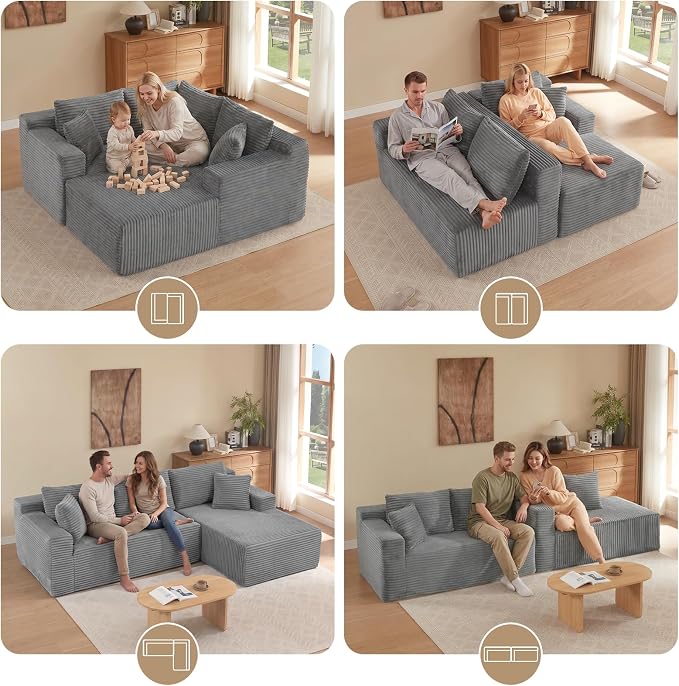 Boneless Couch, 102.4" Sectional Couches for Living Room with L Shape Sofa | Cloud Couch Sectional with Chaise, Modular Cloud Sofa with Deep Seat, No Assembly, Beige, Corduroy, Right Chaise