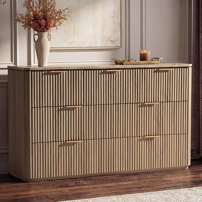 Dresser for Bedroom with 7 Drawers, 54"W Chest of Drawers, Fluted Dresser with Faux Marble Top, Curved Profile Design, Metal Handle, Wood Closet Storage Organizer for Living Room, Hallway, Natural Oak