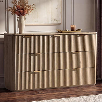 Dresser for Bedroom with 7 Drawers, 54"W Chest of Drawers, Fluted Dresser with Faux Marble Top, Curved Profile Design, Metal Handle, Wood Closet Storage Organizer for Living Room, Hallway, Natural Oak