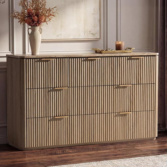 Dresser for Bedroom with 7 Drawers, 54"W Chest of Drawers, Fluted Dresser with Faux Marble Top, Curved Profile Design, Metal Handle, Wood Closet Storage Organizer for Living Room, Hallway, Natural Oak