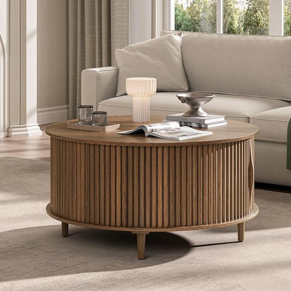JOINICE 31.5" Round Coffee Table with Storage for Living Room, Walnut | Hidden Storage,Fluted Sliding Door,Mid Century Furniture for Small Apartments,Solid Wood Legs,Easy Assembly,Up to 110 lbs