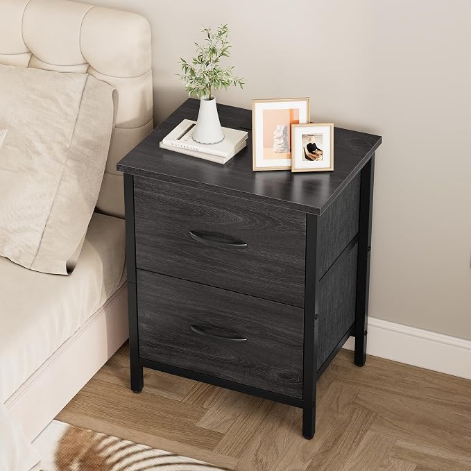 Vagusicc Nightstand Set of 2 with Charging Station, End Table Bedside Table with Power Outlet & USB Ports, Side Table with 2 Fabric Drawers for Bedroom, Living Room, Gray Walnut