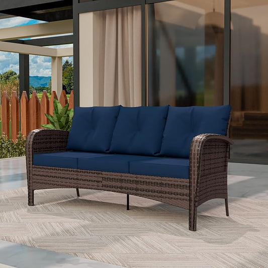 Patio 3-Seater Sofa, PE Wicker Outdoor Lounge with Thick Removable Cushions, Rust-Proof Steel Frame, 900LBS Capacity, Blue