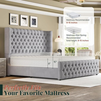 Jocisland Queen Size Upholstered Bed Frame with 6.3-Inch Curved Wingback Headboard, Tufted Footboard, Wood Slats, No Box Spring Needed, Light Grey Velvet