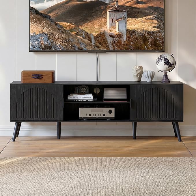 ChooChoo TV Stand for Living Room, Mid Century Modern TV Stand for 65 Inch TVs, Entertainment Center with Storage Cabinet and Open Shelves, TV Console Table Media Cabinet for Bedroom, Black