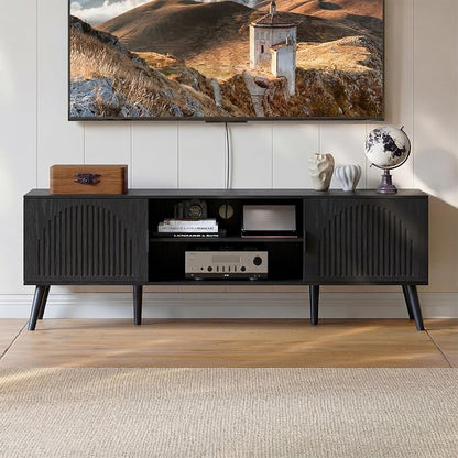 ChooChoo TV Stand for Living Room, Mid Century Modern TV Stand for 65 Inch TVs, Entertainment Center with Storage Cabinet and Open Shelves, TV Console Table Media Cabinet for Bedroom, Black