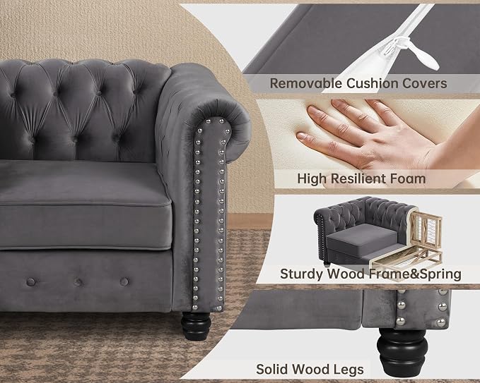 Morden Fort 2 Piece Classic Chesterfield Sofa Set, Tufted Chair & Loveseat Furniture Solid Wood Legs Thick Cushion, Pet-Friendly Couch Set for Living Room Bedroom Apartment, Velvet Grey