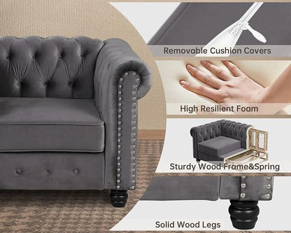 Morden Fort 2 Piece Classic Chesterfield Sofa Set, Tufted Chair & Loveseat Furniture Solid Wood Legs Thick Cushion, Pet-Friendly Couch Set for Living Room Bedroom Apartment, Velvet Grey