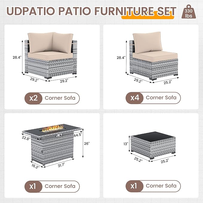 UDPATIO Patio Furniture Set with Fire Pit Table, 8 Pcs Outdoor Sectional Sofa, PE Wicker Patio Conversation Set for Garden, Backyard (Beige Cushions with Grey Rattan)