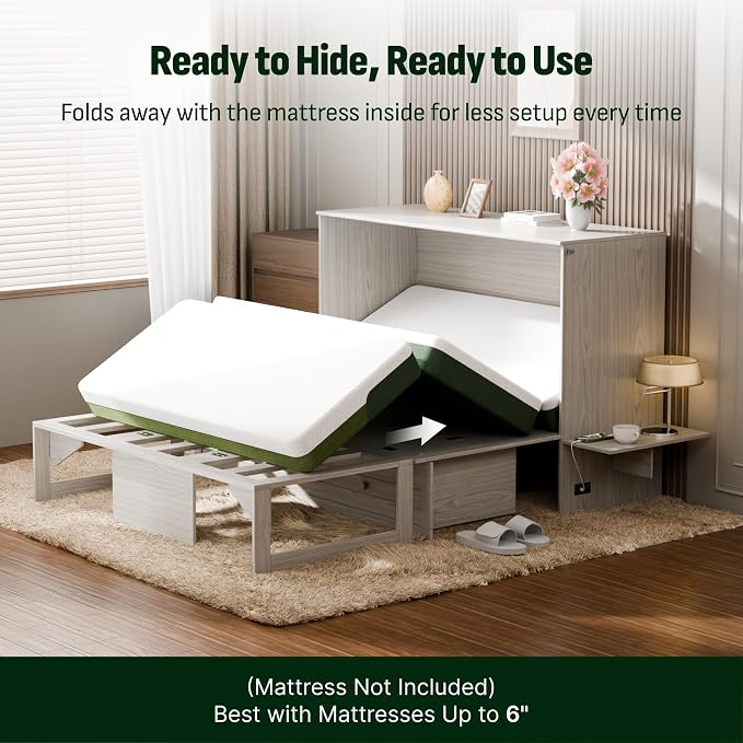 Softa Murphy Bed Queen with Drawer, 1200Lb Support, Fold-Down Side Table & Charging Station, Mattress Storage Space, No Box Spring Needed, Space Saving Murphy Bed Cabinet for Guest Room & Home Office