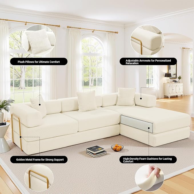 ivoros 108" Oversized Convertible Sleeper Sofa Bed, Corduroy L Shape Sectional Couch, Folding Sofa Bed with Fixed-Shape Frame, Modern Cloud Floor Mattress Couch, Modular Sofa for Living Room, Beige