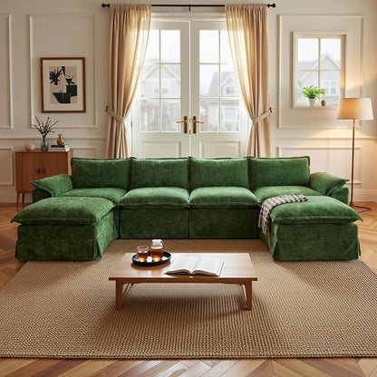 Claiks 157" Modular Boneless Couch, U Shaped Couch for Living Room, Modern Deep Seat Sofa 4 Seater Chenille Fabric Comfy Cloud Couches with Movable Ottoman, Dark Green