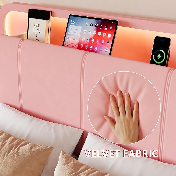 Feonase Twin Upholstered Bed Frame with Storage Drawers and Headboard, Built-in Charging Station, Velvet Platform LED Bed with Solid Wood Slat Support, No Box Spring Needed, for Girls and Kids, Pink
