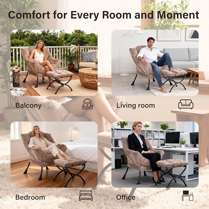 Lazy Chair with Ottoman, Modern Accent Chair Contemporary Sofa Chair with Armrests, Reading Chair and Folding Footstool Set for Living Room, Bedroom, Office, Khaki