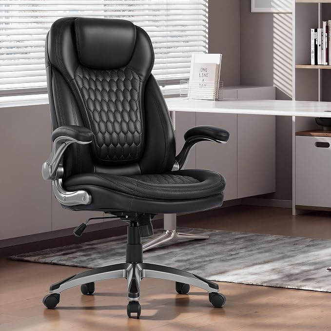 COLAMY High Back Executive Office Chair – Ergonomic PU Leather Desk Chair with Flip-Up Armrests,Height, Lumbar Support, Comfortable Computer Chair for Home Office – Black