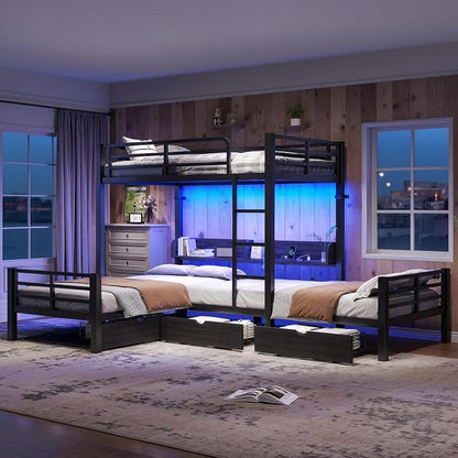 Bellemave L-Shape Triple Bunk Bed with 3 Storage Drawers and Shelves for 3,Metal Bunk Beds Twin Over Twin with Charging Station & LED Lights for Kids,Teens,Adults,Black