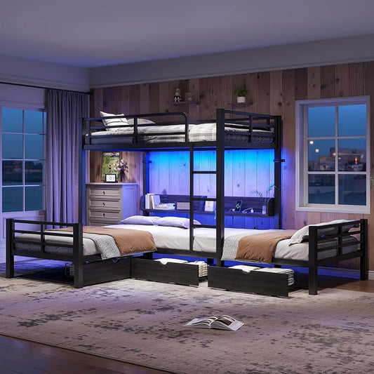 Bellemave L-Shape Triple Bunk Bed with 3 Storage Drawers and Shelves for 3,Metal Bunk Beds Twin Over Twin with Charging Station & LED Lights for Kids,Teens,Adults,Black