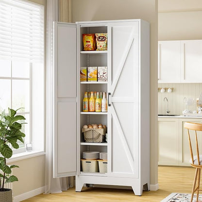 RAVIGIN Farmhouse Storage Cabinet,75" H Metal Pantry Cabinet with Barn Doors and Adjustable Shelves,75" H 6-Tier Rustic Pantry Organizers for Kitchen,Dining Room,White