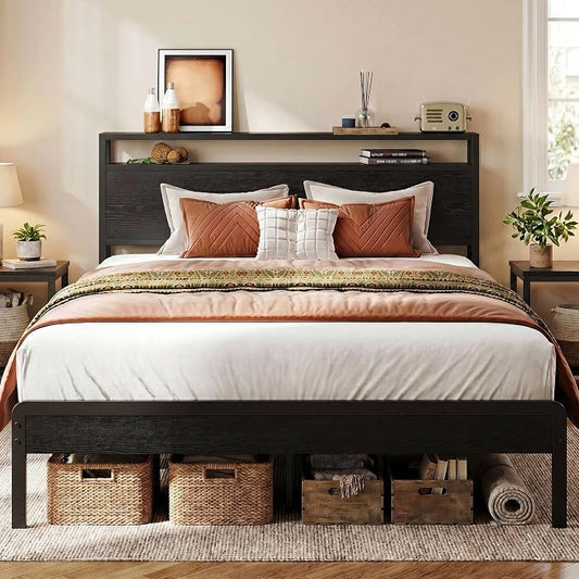 LIKIMIO Full Bed Frame with Headboard, Dark Wood Camas Full with Strong Supports, Sturdy, Noise-Free, No Box Spring Needed, Black