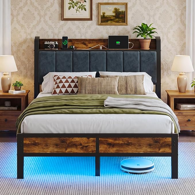 Full Size Bed Frame with Smart LED Lights and Charging Station, Storage Headboard, Heavy Duty Metal Platform Bed, Noise Free, No Box Spring Needed, Easy Assembly