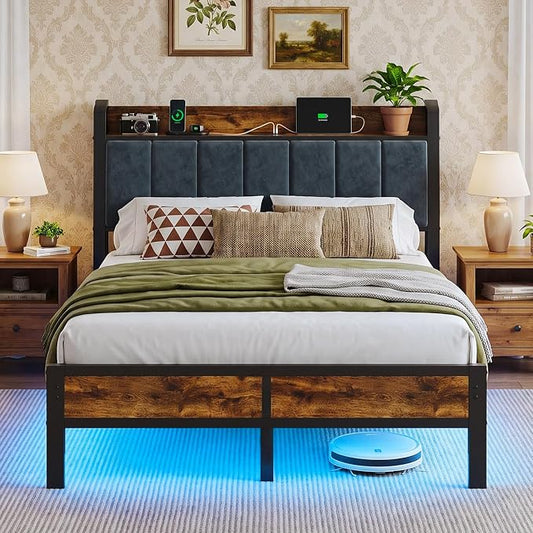Full Size Bed Frame with Smart LED Lights and Charging Station, Storage Headboard, Heavy Duty Metal Platform Bed, Noise Free, No Box Spring Needed, Easy Assembly