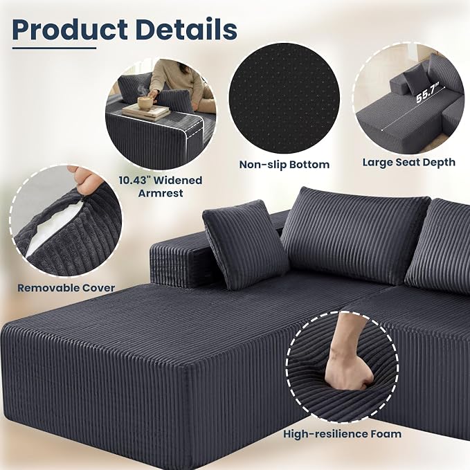 DUMOS 108" L-Shaped Sectional Boneless Couch for Living Room, Upholstered Corduroy Sofa with Deep Seat for Small Apartment, Bedroom, No Assembly in a Box, Left Facing Chaise, Grey