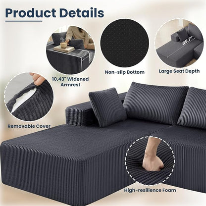 DUMOS 108" L-Shaped Sectional Boneless Couch for Living Room, Upholstered Corduroy Sofa with Deep Seat for Small Apartment, Bedroom, No Assembly in a Box, Left Facing Chaise, Grey