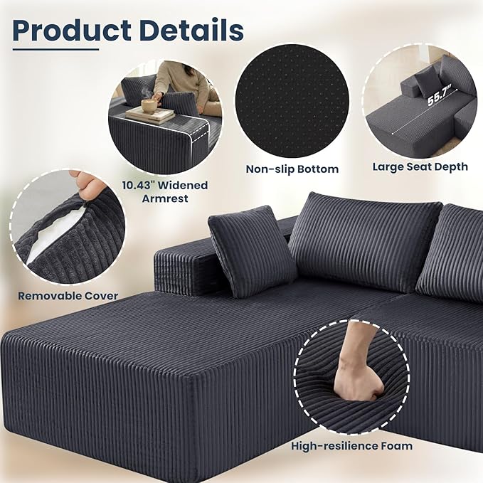 DUMOS 105" L-Shaped Sectional Boneless Couch for Living Room, Upholstered Corduroy Sofa with Deep Seat for Small Apartment, Bedroom, No Assembly in a Box, Left Facing Chaise, Grey