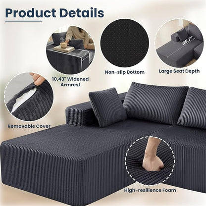 DUMOS 105" L-Shaped Sectional Boneless Couch for Living Room, Upholstered Corduroy Sofa with Deep Seat for Small Apartment, Bedroom, No Assembly in a Box, Left Facing Chaise, Grey