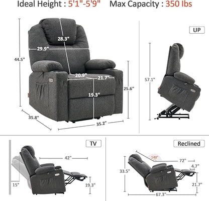 MCombo Power Lift Recliner Chair for Elderly, Lift Chair with Heat and Massage, FSC Certified, USB&Type C Ports, Cup Holders, Fabric 7040 (Medium, Gray)