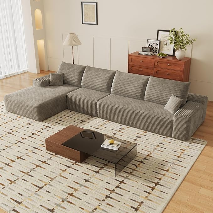 135" Corduroy Couch Sectional with Chaise, L Shape Boneless Cloud Couches for Living Room Bedroom, Modular Corner Couch, Fluffy Deep Seat Compression Sofa, Left Facing Chaise, No Assembly, Camel