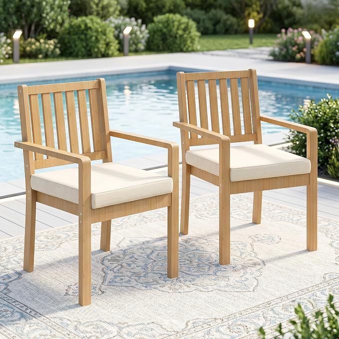 FansaFurn Acacia Patio Dining Chairs Set of 2, Outdoor Wood Chairs with Thick Cushions, Modern Patio Seating for Backyard, Porch, Garden, Indoor Use, Beige