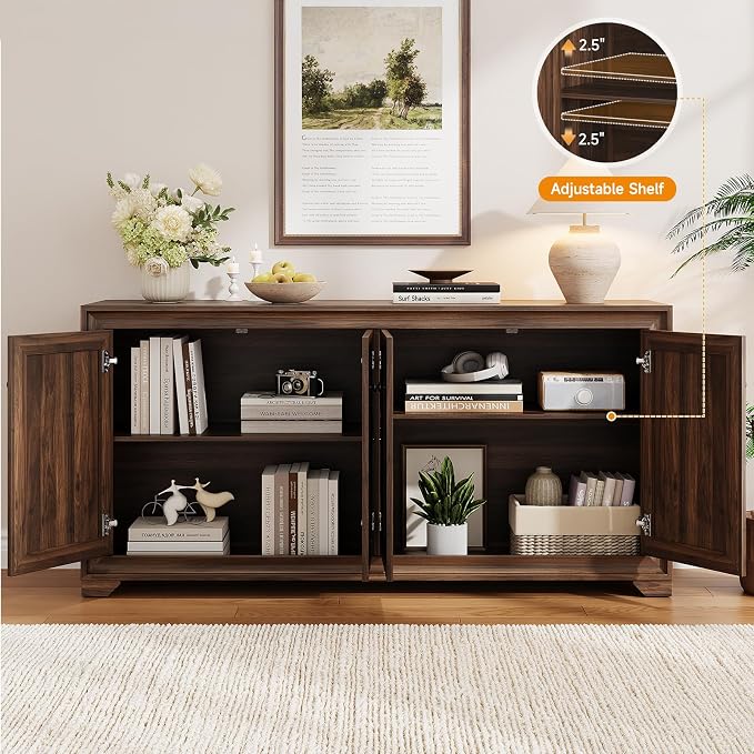 ONBRILL 60" Buffet Cabinet with Storage, 4 Doors Sideboard Buffet Cabinet with Adjustable Shelves, Modern Coffee Bar Console Table for Living Room, Kitchen, Entryway, Brown